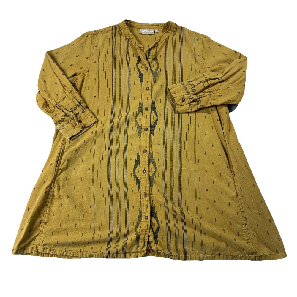 Utsa Long Sleeve Button Up Aztec Santa Fe Tunic Yellow Women's L Lagenlook Artsy